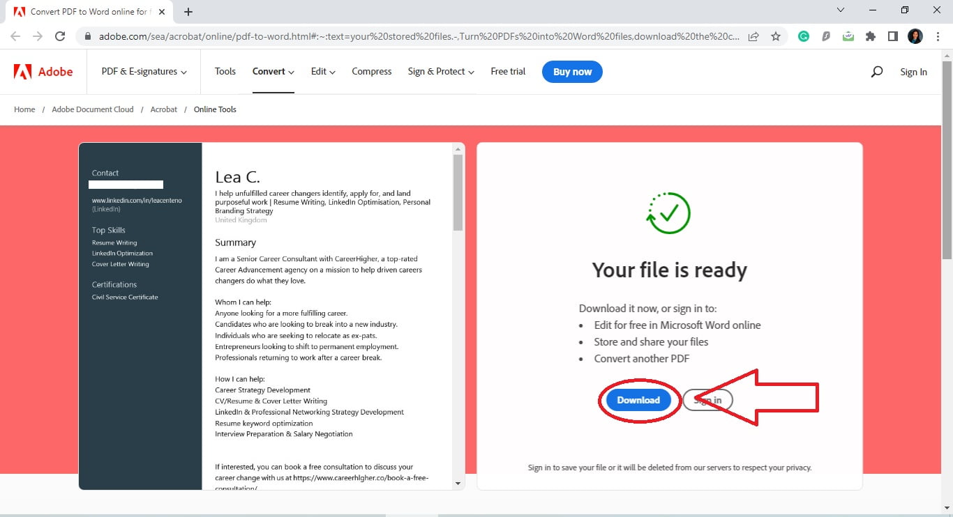 Downloading Resume in Word Step 4