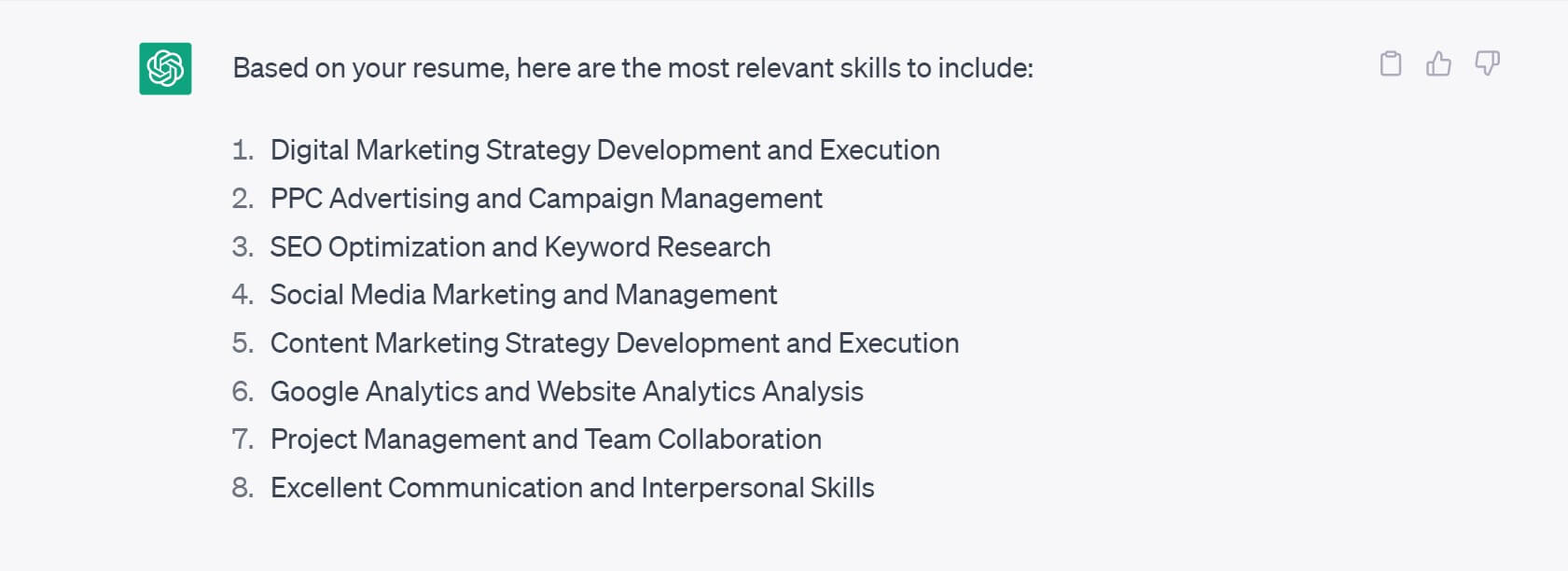 Relevant skills answer given by ChatGPT