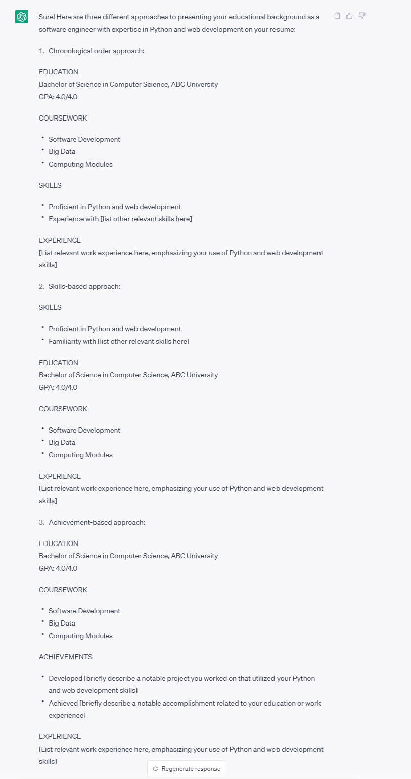 Result generated by ChatGPT to emphasize relevant education