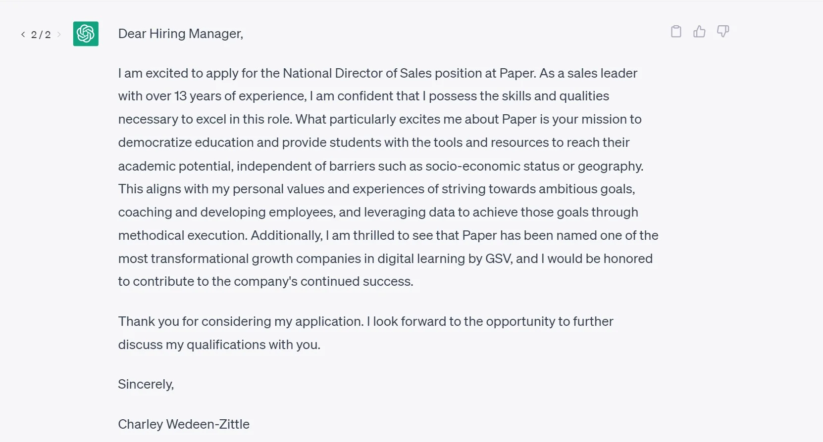 Prompt to demonstrate fit with an employer 