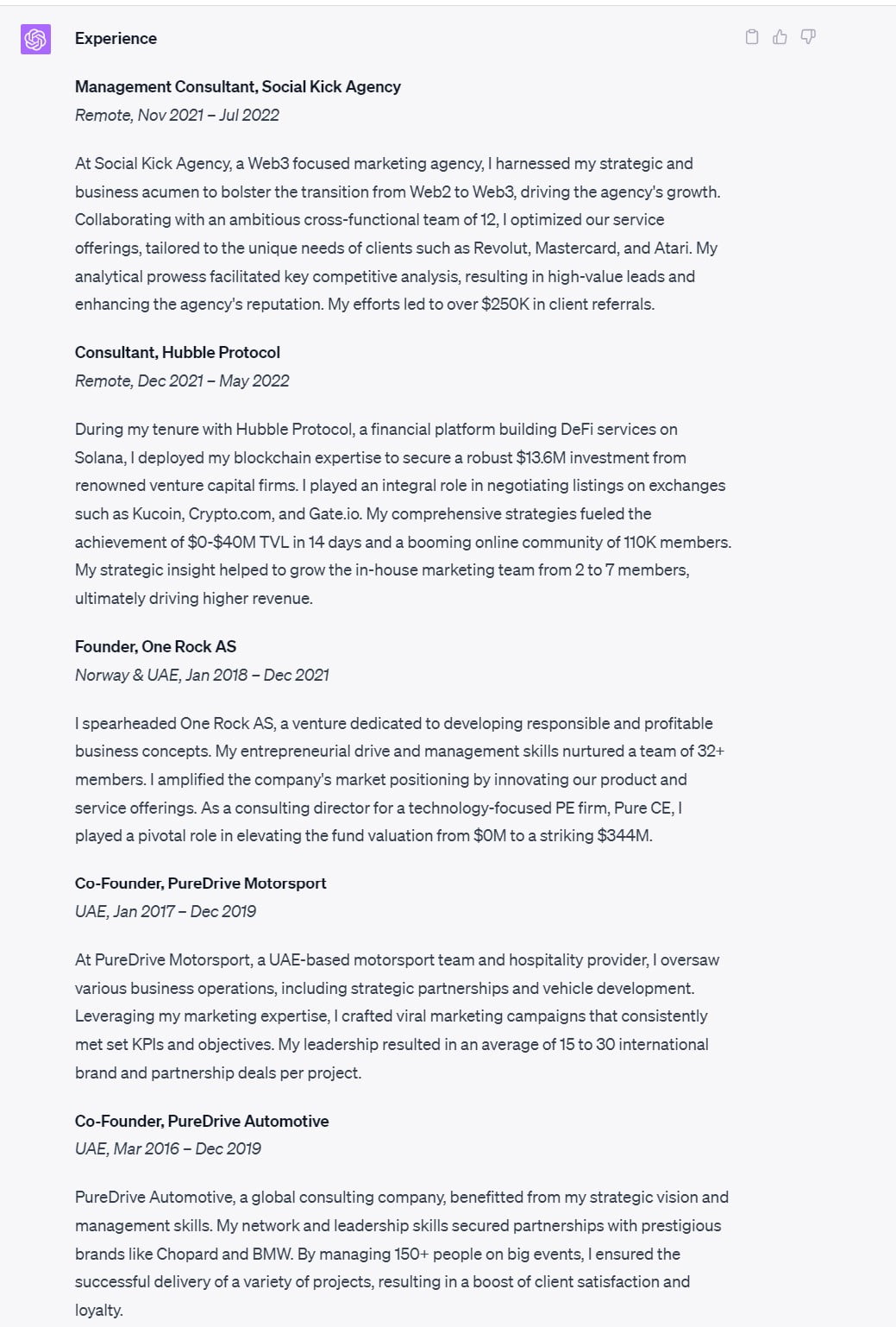 Using ChatGPT to draft the experience section