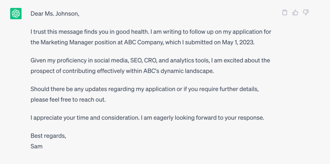 Thankyou email to an employer